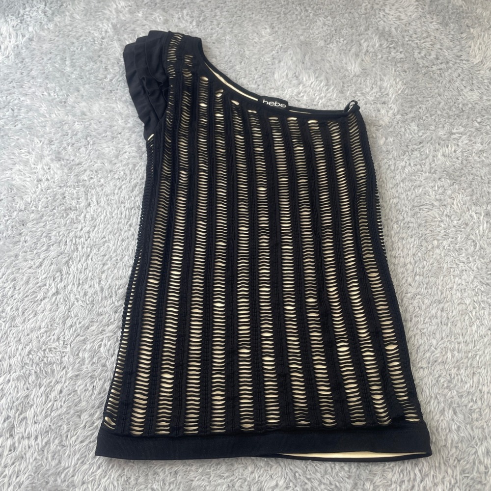 bebe One Shoulder Top Womens P/S Black Ruffle Laser Cut Bodycon Y2K Rocker